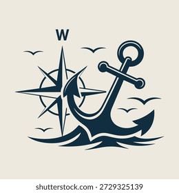 Ein marineblaues Ankersymbol mit einem Kompass und Vögeln im Flug auf beigem Hintergrund, das ein Gefühl von Navigation und Freiheit vermittelt.