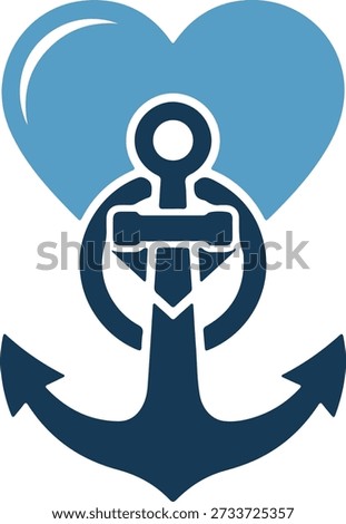 A navy blue anchor icon with a light blue heart behind it, set against a pure white background, conveying a sense of love and stability.