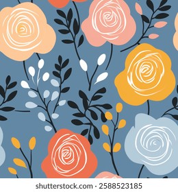 Navy Blue Aqua Terra Brown French Grey White Abstract Wild Rose Flower Elegant Leaf Watercolor Scandinavian Design Seamless Pattern Wallpaper Curtain Bedding Upholstery Pastel Fabric Background Vector