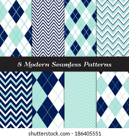 Navy Blue, Aqua and White with Dashed Accent Lines Argyle and Chevron Seamless Patterns. Navy and Aqua Nautical or Golf Backgrounds. Pattern Swatches included and made with Global Colors. 