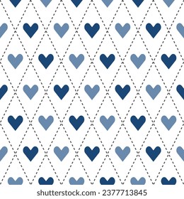Navy blue argyle pattern with heart inside. Argyle vector pattern. Argyle pattern. Seamless geometric pattern for clothing, wrapping paper, backdrop, background, gift card, sweater.