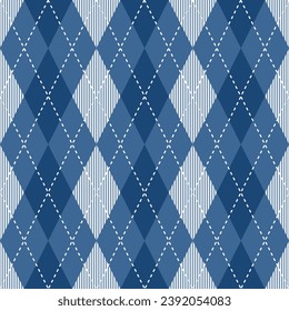 Navy blue argyle pattern with stripe inside. Argyle vector pattern. Argyle pattern. Seamless geometric pattern for clothing, wrapping paper, backdrop, background, gift card, sweater.