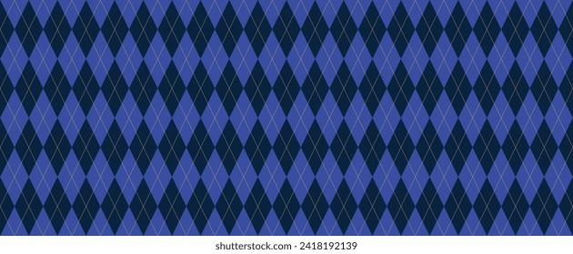 Navy Blue Argyle Seamless Vector Pattern. Blue and Dark Navy Diamonds with Thin Solid Gold Line Repeating Print. Harlequin Style Background. Pattern Tile Swatch Included.