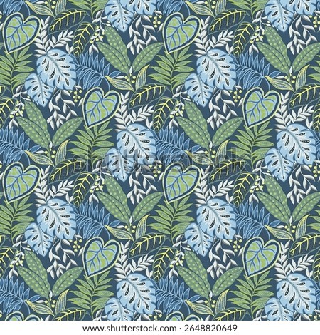 A navy blue background is adorned with various tropical leaf patterns in shades of teal, blue, and green, creating a vibrant and intricate design repeating pattern of leaves, stems, and small floral 