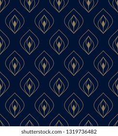 Navy blue background ditzy floral peacock feather motif. Small leaves flowers allover design. Simple geometric print block for fabric cloth, textile accessories, interior wallpaper. Vector graphic.
