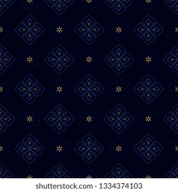Navy blue background ditzy floral peacock feather motif. Small flowers all over design. Vintage indian paisley simple geometric print block for fabric, scarf, textile accessories, interior wall paper.