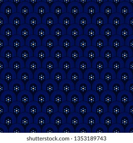 Navy blue background ditzy floral peacock feather motif. Japan wave seamless pattern oriental all over ogee design. Simple geometric chain print for decoupage paper, apparel textile, fashion garment.