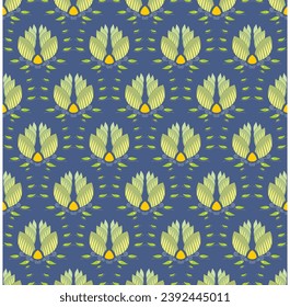 Navy Blue background with repeated green leaf abstract pattern