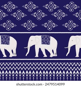 Fondo azul marino elefante tailandés ikat motivo. Motivo étnico ikat patrón sin fisuras oriental por todo el diseño de un solo ojo. Impresión geométrica simple de la cadena para el papel del decoupage, textil de la ropa, prenda de moda