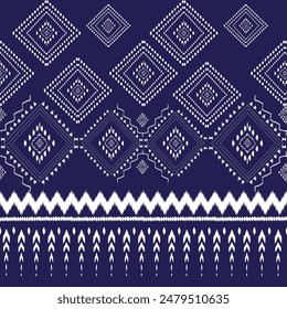 Navy blue background Thai ikat feather motif. Motif ethnic ikat seamless pattern oriental all over ogee design. Simple geometric chain print for decoupage paper, apparel textile, fashion garment