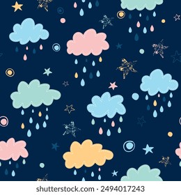 Marineblau Hintergrund Vektorgrafik Kinder und Babytextil nahtlose Muster. Pastellfarbene Wolke, Regentropfen, Sterne, flache Vektorgrafik.