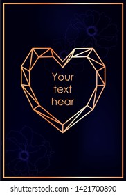 Navy Blue background. Wedding Invitation. Modern card Design with golden frame, peony and tropical palm leaf. Vector  template. 