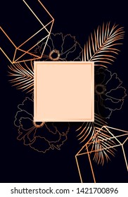 Navy Blue background. Wedding Invitation. Modern card Design with golden frame, peony and tropical palm leaf. Vector  template. 