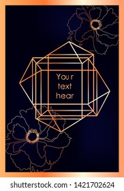 Navy Blue background. Wedding invitation with golden frame, flowers and peony leaves. Vector card.