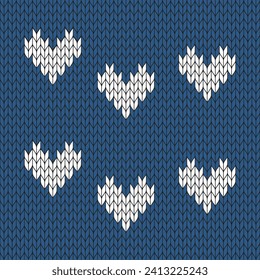 Navy blue background and white heart knitted pattern. knitted vector pattern. Seamless gradient pattern for clothing, wrapping paper, backdrop, background, gift card.