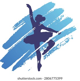 Navy blue ballet dancer silhouette in elegant pose over bold blue brushstrokes. A graceful and feminine design perfect for apparel sublimation prints and dance themed merchandise.