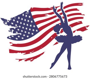 Navy blue ballet dancer silhouette in elegant pose over distressed American flag. A patriotic and graceful design perfect for apparel sublimation prints and dance themed merchandise.
