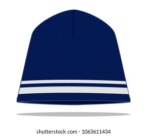 Navy Blue Beanie Hat With Double White Lines Design On White Background, Vector File.