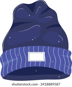 Navy blue beanie hat with a striped fold and blank label. Winter knitted headwear for cold weather. Cozy fashion accessory vector illustration.