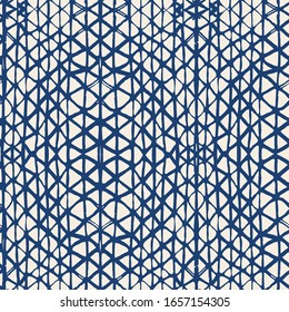 Navy Blue and Beige Batik Tie Dye Border. Stencil Japan Background. Organic Minimal Grid. Shibori Seamless Pattern. Tie Dye Abstract Texture. Watercolor Shoji Design. Kimono Tile. 