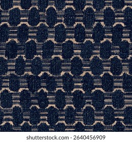 Navy blue and beige woven fabric with an elegant pattern of geometric shapes. grunge lines ikat pattern, striped seamless pattern, Vector illustration background for print the paper.