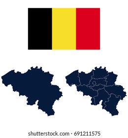 Navy Blue Belgium Map and Flag isolated on white background. Vector illustration eps 10.