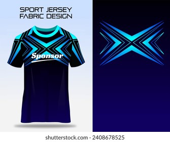 Navy blue and black gradient t-shirt sport design template with X silhouette for soccer jersey. Sport uniform in front view. Shirt mockup for sports club like badminton, volleyball, cycling, running.