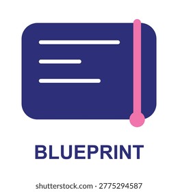 A navy blue blueprint icon with a pink pull-tab, accompanied by the word 'BLUEPRINT', representing planning and execution.