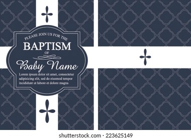 Navy Blue Boy's Baptism/Christening Invitation with Quatrefoil background - vector