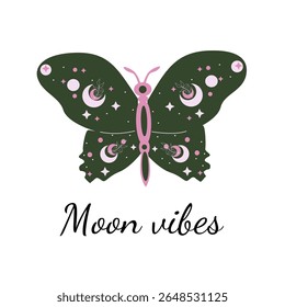 Navy blue butterfly with celestial design and golden moon accents.