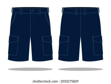 Navy Blue Cargo Short Pants Template Vector on White Background.Front and Back View.