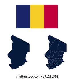 Navy Blue Chad Map and Flag isolated on white background. Vector illustration eps 10.