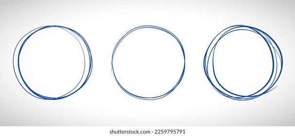 Marineblau Kreis Linie handgezeichnet Set. Markieren Sie den Kreis der Handzeichnung auf dem Hintergrund. Rund handgeschriebener blauer Kreis. Für die Markierung von Text, Anmerkung, Markensymbol, Zahl, Marker, Stift, Text und Vektorgrafik