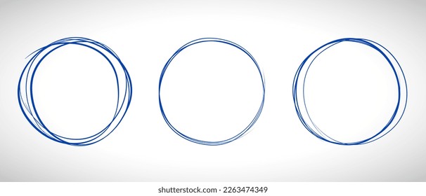 Navy blue circle line hand drawn set. Highlight hand drawing circle on background. Round handwritten blue circle. For marking text, note, mark icon, number, marker pen, pencil and text check, vector