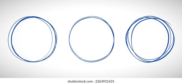 Navy blue circle line hand drawn set. Highlight hand drawing circle on background. Round handwritten blue circle. For marking text, note, mark icon, number, marker pen, pencil and text check, vector