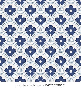 Navy blue circles overlaid in Japanese style produce a seamless geometric pattern ideal for efficient design application.