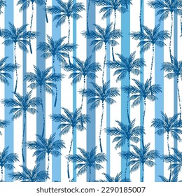 Navy blue coconut palm trees on striped background. Seamless tropical pattern. Palm tree silhouettes, lines, stripe. Vector art illustration for summer design, floral prints, wallpaper