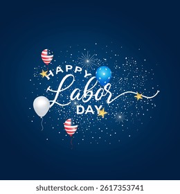 Navy blue color 1st May day background design with handwritten typography. Labor Day abstract background design with balloon, star, and light effect. 