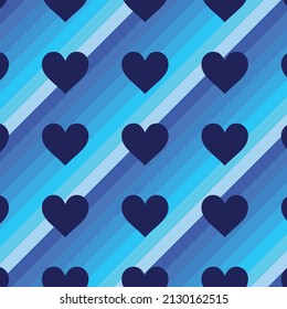 navy blue color heart patterns on stripes in shades of blue, vector