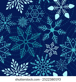 Azul marinho cor de floco de neve padrão, Natal padrão sem emenda. Desenho de fundo de Natal flocos de neve para decoração no tempero X'mas, web, envoltório, papel de parede, têxtil, moda.