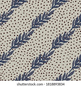 Navy blue colored foliage ornament seamless pattern. Doodle diagonal ornament with grey dotted background. Decorative print for wallpaper, textile, wrapping paper, fabric print. Vector illustration.