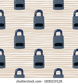 Navy blue colored lock door elements seamless doodle pattern. Light stripped background. Old decoration century print. For wallpaper, textile, wrapping paper, fabric print. Vector illustration