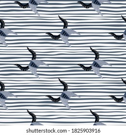 NAvy and blue colored viking helmets seamless pattern. Iceland history armor on stripped background. Battle style print. Perfect for fabric design, textile print, wrapping, cover. Vector illustration.