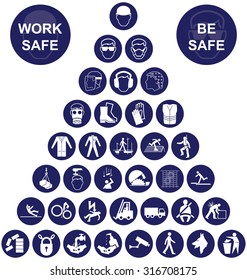 Navy blue construction manufacturing and engineering health and safety related pyramid icon collection isolated on white background with work safe message