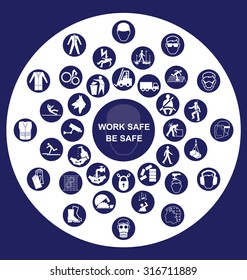 Navy blue construction manufacturing and engineering health and safety related circular icon collection isolated on white background with work safe message