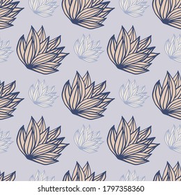 Navy blue contoured foliage shapes seamless pattern. Light blue background. Simple pastel floral artwork. Designed for wallpaper, textile, wrapping paper, fabric print. Vector illustration.