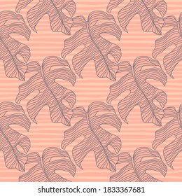 Navy blue contoured monstera simple sihouettes seamless pattern. Pink striped background. Tropical floral artwork. Designed for fabric design, textile print, wrapping, cover. Vector illustration.