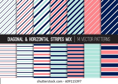 Navy Blue, Coral Pink, Aqua Diagonal and Horizontal Stripes Vector Patterns. Girly Nautical Pastel Striped Backgrounds. Pin and Candy Stripes. Variable Thickness Lines. Pattern Tile Swatches Included.