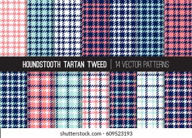 Navy Blue, Coral Pink, Aqua Houndstooth Tartan Tweed Vector Patterns. Girly Fashion Textile Backgrounds. Set Of Dogs-tooth Check Fabric Textures. Pattern Tile Swatches Included.