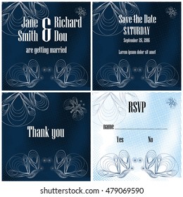 Navy blue creative wedding invitation set with rustic halftones and golden butterflies